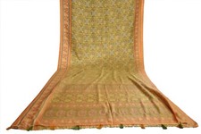 FNC Vintage Saree Indian Green Woven Ikat Blend Silk Sari Craft Fabric 5YD