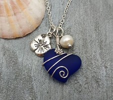 Hawaiian Jewelry Sea Glass Necklace, Wire Heart Necklace Cobalt Blue Necklace,