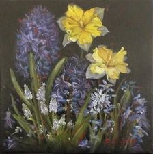 Original Floral Oil Painting Impressionism Hyacinth Daffodil on Canvas Signed 