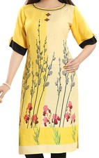Indian Women Kurti Tunic Dress Yellow Viscose Thread Sequin Ethnic SC1080