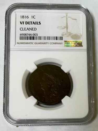 1816 Coronet Head Large Cent 1C NGC VF Details Cleaned - Very Fine Details