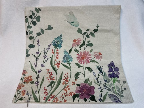 Garden Floral Butterfly Meadow Flowers Linen Throw Pillow Cover HOME Decor 18” - Picture 3 of 6