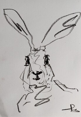 Hasenportrait Original Öl Pastell Zeichnung 12x8'' VIVEK MANDALIA zeitgenössisches Echtheitszertifikat
