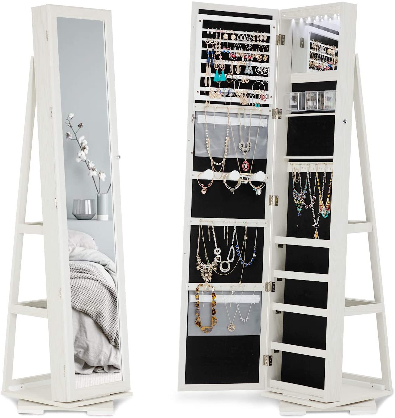 LED Light Jewelry Cabinet w/Mirror 360&deg; Swivel Large Jewelr
