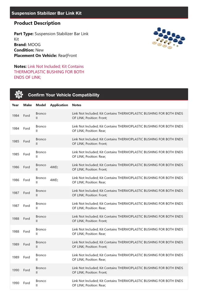 Kit de enlace de barra estabilizadora de suspensión para Ford Bronco II 1984-1990 MOOG 1984 1985 Foto 2 de 4