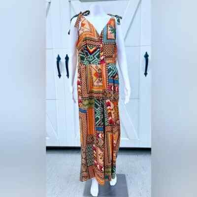 HAUTE HIPPIE Boho Tribal Aztec Tie Shoulder Linen Rayon Button  