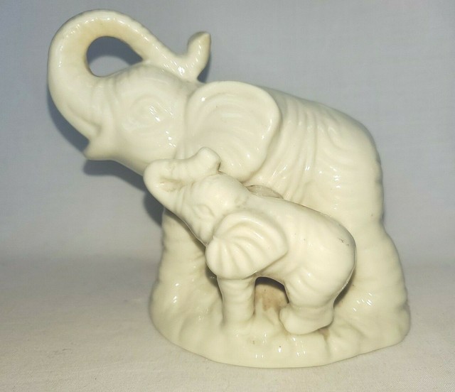 White Ceramic Mother And Baby Elephant Figurine With "Lucky" Trunks 4