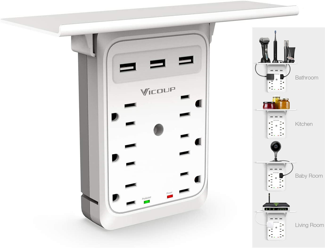 VICOUP Multi Plug Wall 6 Outlet Surge Protector 1080J with 3 USB Ports and Shelf