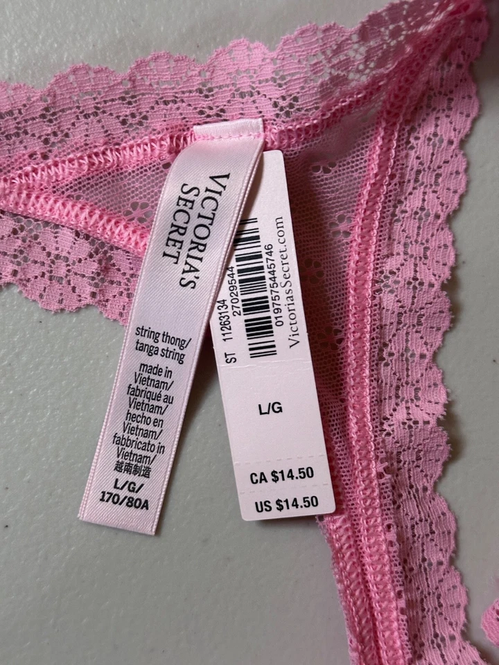 New Victorias Secret Large String Thong Medium Pink Lace Flower Tanga Panties - Image 3 of 4