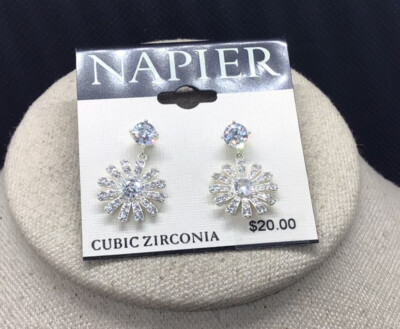 Vintage Napier Silver Tone Costume Rhinestone Floral Drop