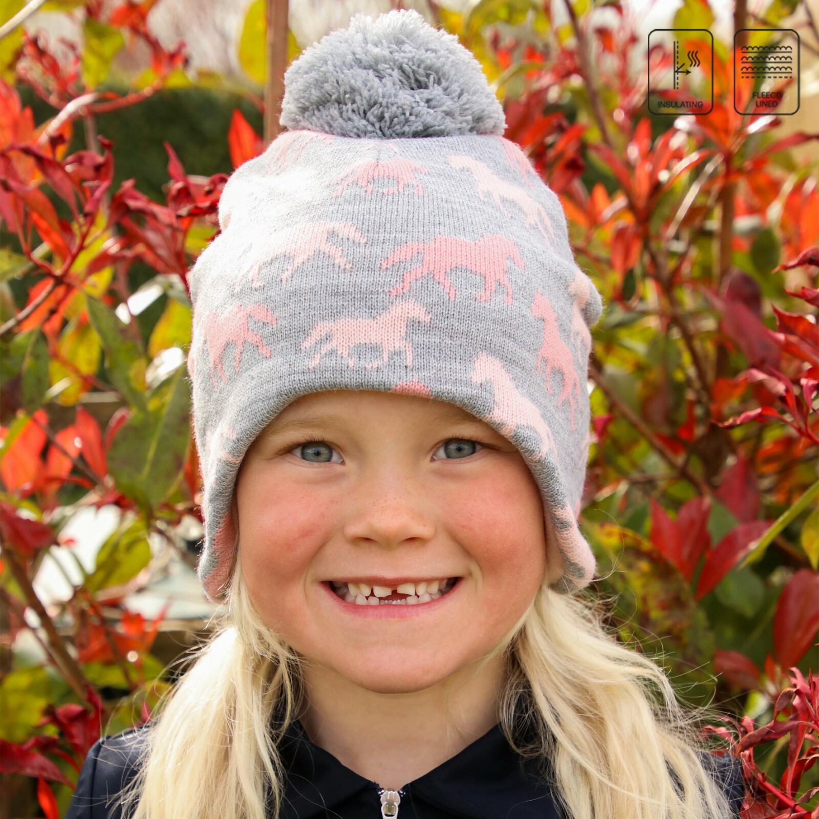 Flaine Children's Hat by Hy Equestrian  Bobble Hat with Ear Flaps  Horse Pattern