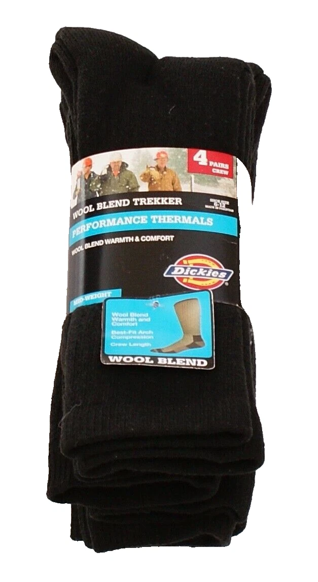 Dickies Men's 6-12 Black Wool Blend Trekker Cushioned Crew Socks 4 in Package