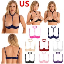 Women's Lace Sheer 1/4 Cup Bra Halter Unlined Underwire Open Cup Shelf Bra