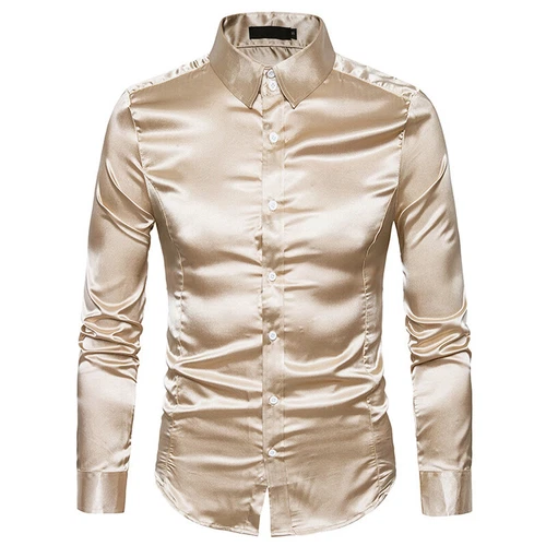Men Satin Silk Shirt Casual Slim Wedding Party Dress Long Sleeve ButtonDown Top↷ - Imagen 8 de 29