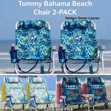 2-PACK Tommy Bahama Beach Chair 5-Position Lay Flat Aluminum w Cooler Cup Holder
