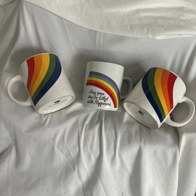 FTD Rainbow Coffee Mugs Pair & Avon May Your Day Be Filled With Happiness 1980s