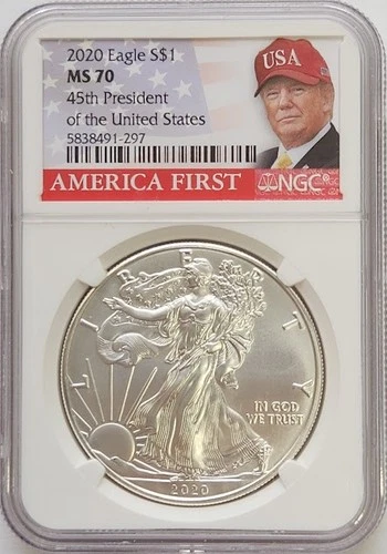 2020 Silver Eagle NGC MS70- 45th President Donald Trump Label
