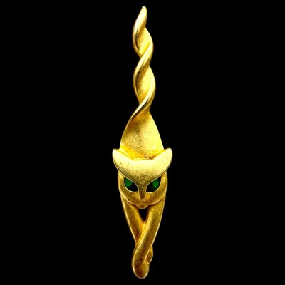 VTG 1990s AJC Modernist Style STRETCHING CAT Brooch Green Resin Eyes Goldtone