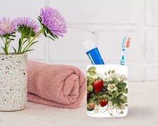 Strawberry Vine Ceramic - Toothbrush Cup - White Bamboo Lid, Bathroom Organizer