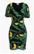 Ganni Black Green Yellow Floral Ruched Puff Sleeve Jersey Mini Dress 36/Size 4