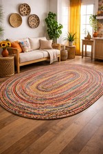 Image of Indian Handmade Oval Jute Rug Boho Natural Fibre Eco Friendly Bedroom Area Rug