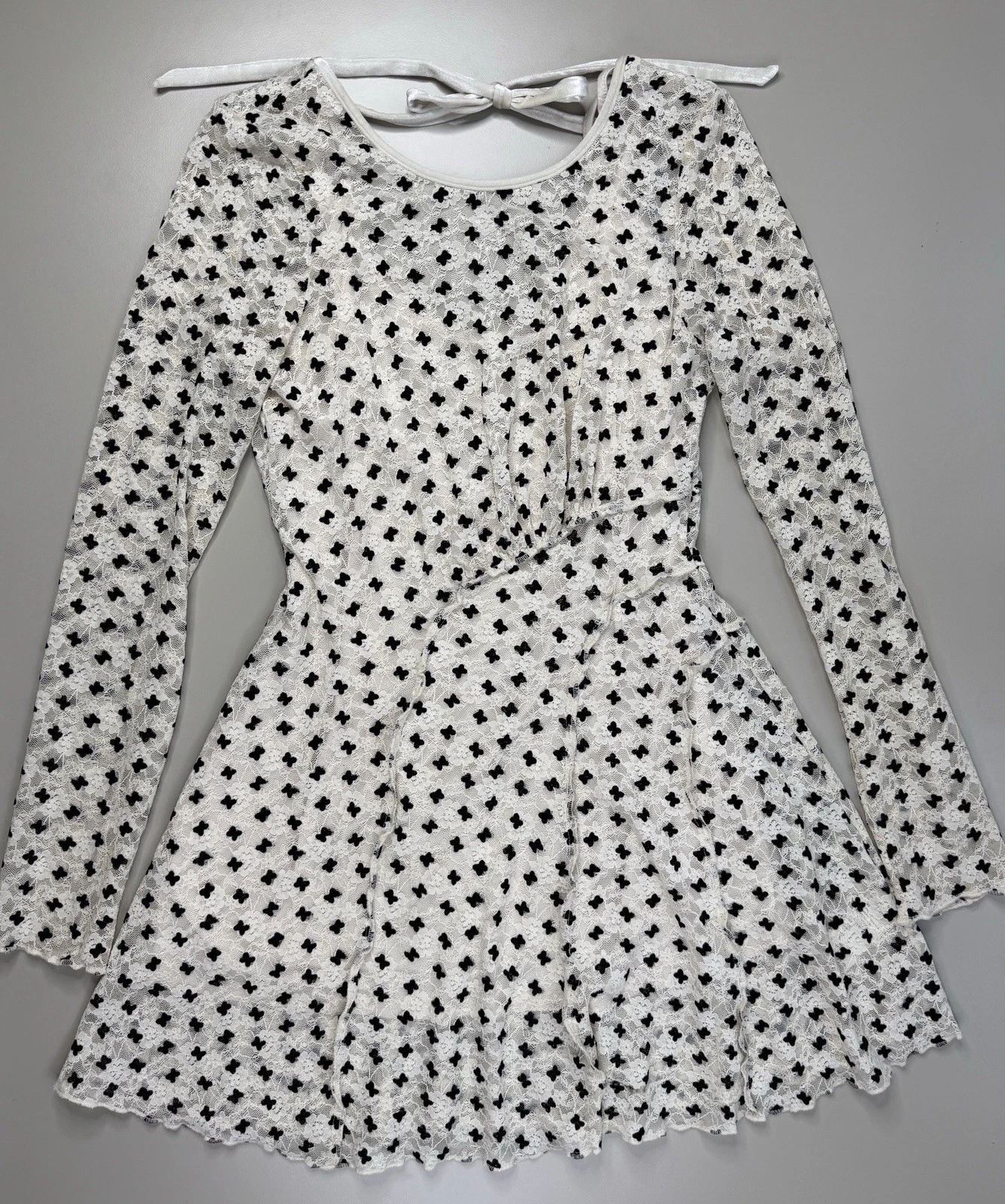 OFF WHITE FREE PEOPLE Sheer Delight minidress boho pizzo donna medio bianco sporco fiocco velluto