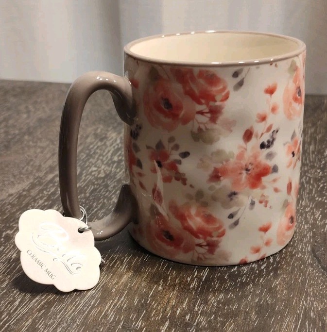 10 Strawberry Street Bella Gray & Pink Floral Mug Dimpled Cup with Flowers NEW