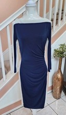 RALPH LAUREN Blue White Boat Neck Side Ruched Long Sleeve Knit Dress Sz 4