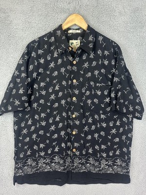 M.E. Sport Shirt Mens Large Black Hawaiian Aloha Camp Button Front Palm Tree VTG