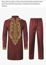 Mens African Attire 2 Piece Set Gold Metallic Dashiki Shirt and Pants Outfit Med