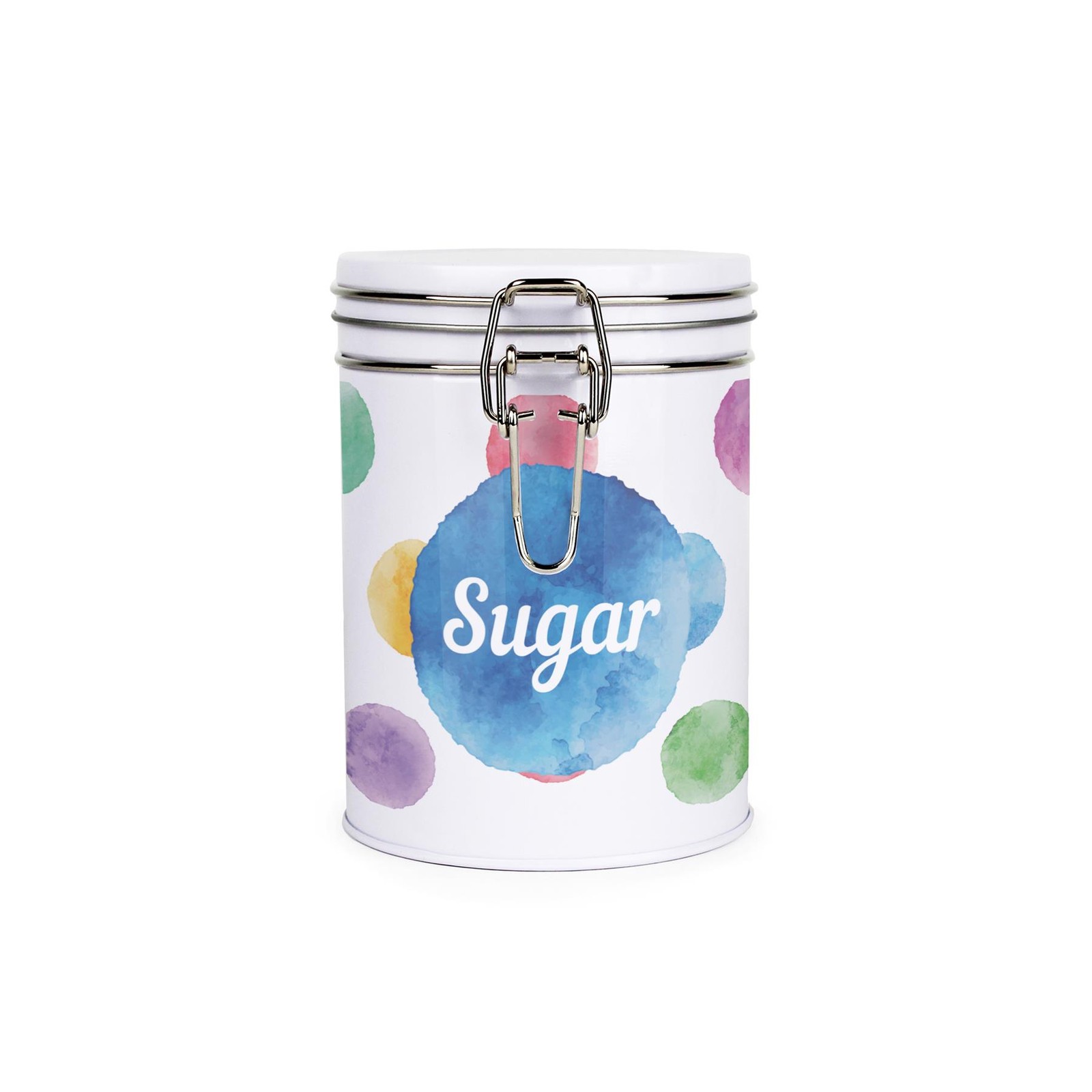 Polka Dot Sugar Canister - Multicoloured Metal Clip-Lid Kitchen Storage Gift