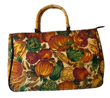 Vintage Pumpkin Artichoke Fall Leaves Vegetable Purse Tote Bag Bamboo Handles