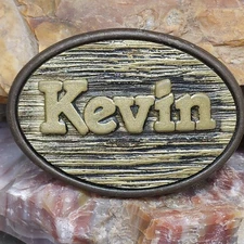Vintage Retro Oden Brass Tone Belt Buckle Personalized "KEVIN" Faux Wood Grain