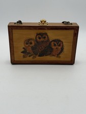 Vintage Handmade Decoupage Wooden With Felt Trim And Mirror Purse With Owls