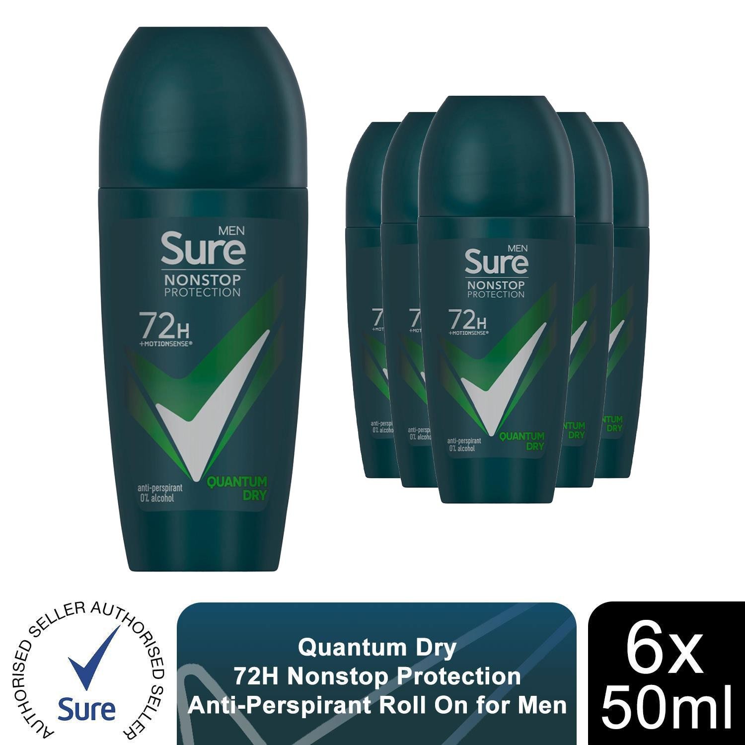 Sure Men Antiperspirant Deo Roll On 72H Nonstop Protection Quantum Dry 50ml, 6pk