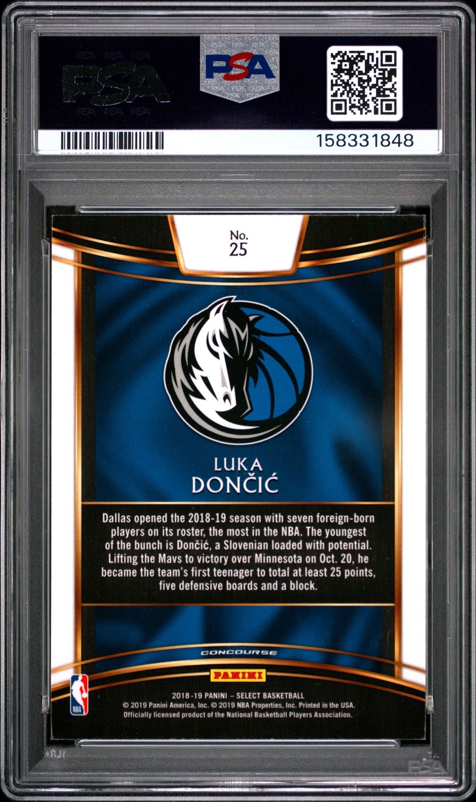 2018-19 Panini Select Luka Doncic RC Mavericks Rookie #25 PSA 8 view 2