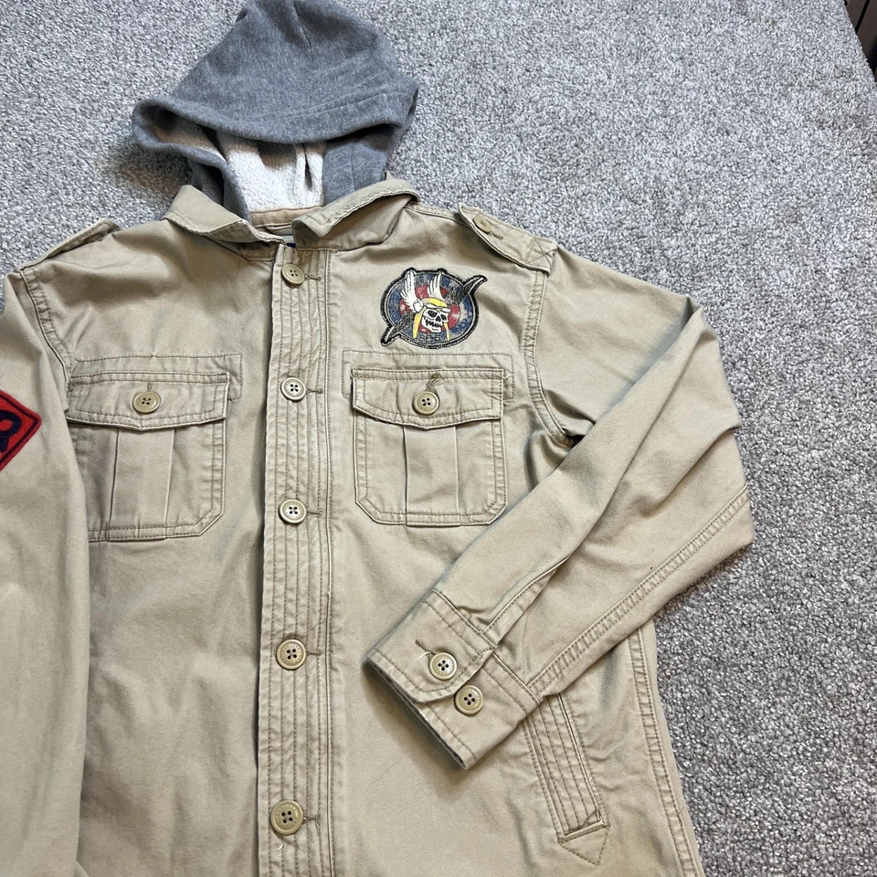Chaqueta GapKids Niños XL 12 Caqui Con Capucha Utilidad Camisa de Campo Parches Calavera Lobo Foto 3 de 4