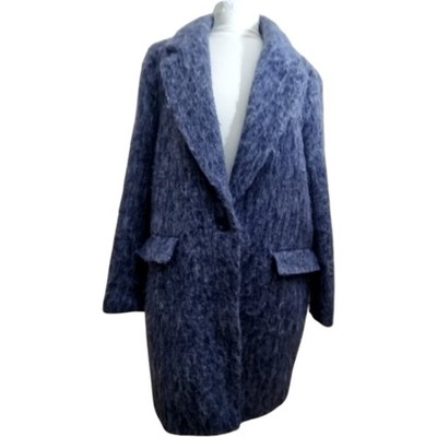 Lost Ink Curve Women's Coat UK 16 Blue Wool Blend Button Front