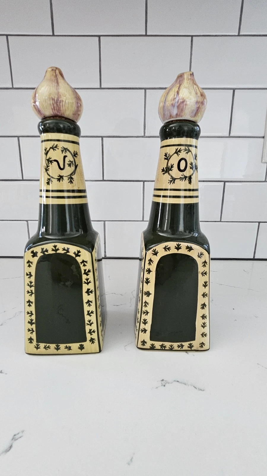 Ceramic Decorative Oil & Vinegar Bottle Set with Garlic Stoppers