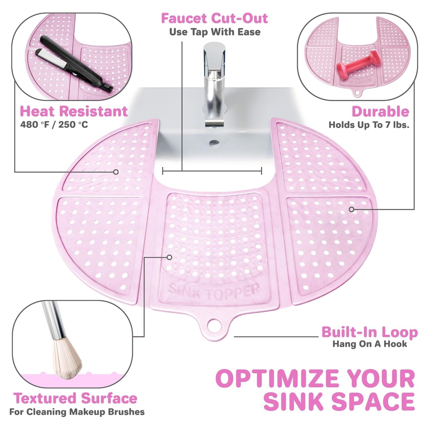 Textured Silicone Sink Cover for Makeup Brush Cleaning & Organization - Pink