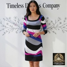 Retro Bold Multicolor Shift Dress Scoop Neck 3/4 Sleeve Flattering Fit Small