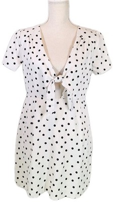 NINE BRITTON SzL Linen Blend B&W Polka-dot Dress Tie Knot Chest Keyhole Cutout