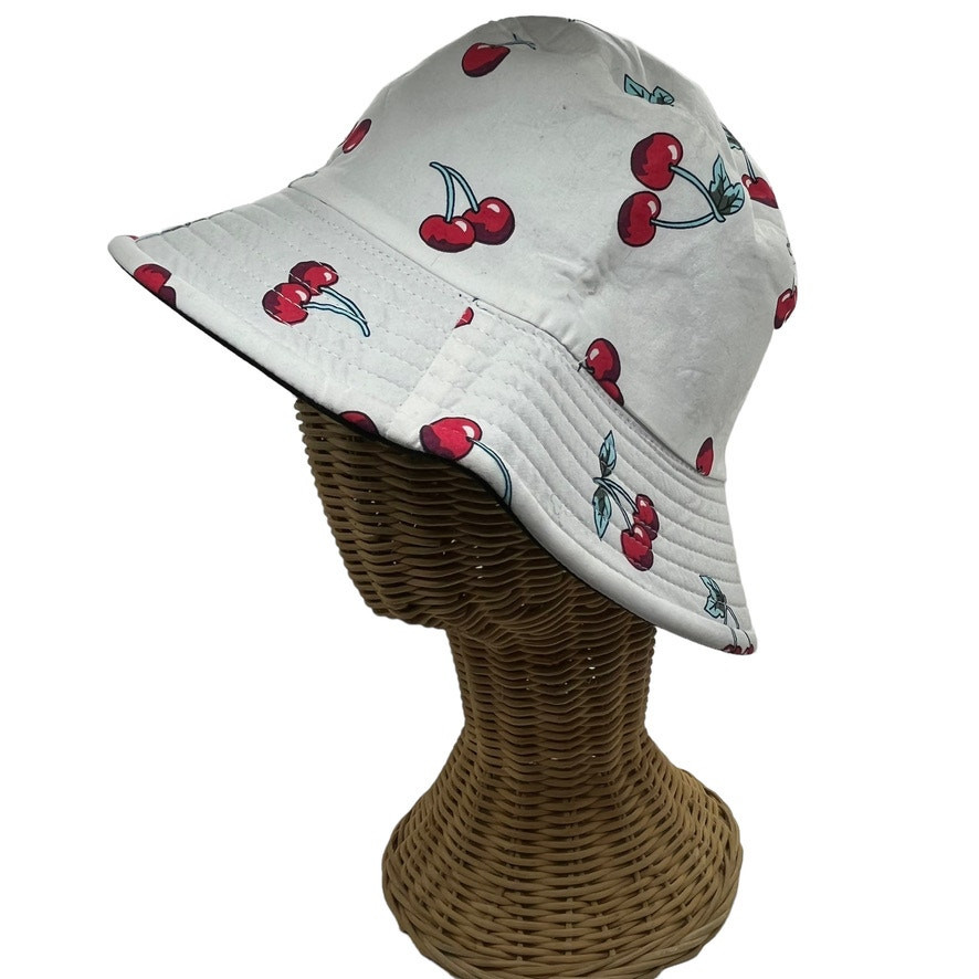 Bucket Hat Cherry Black Reversible Size 6 7/8 (ish) Retro 90s y2k Chic Canvas-image