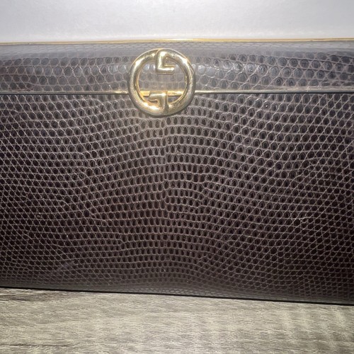 Gucci Ultra Rare Large Dark Brown Lizard Frame Clutch Wallet COA Included - Picture 3 of 11
