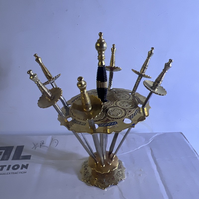 Vintage Toledo Spain Cocktail Picks Mini Sword Brass Metal Stand Barware Set 6