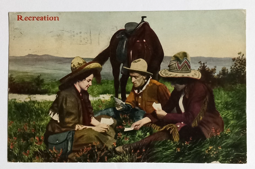 Western Cowboys & Cowgirl Playing Cards Advertising Rapid City SD Postcard 1910s