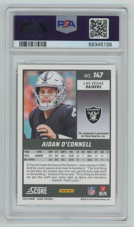 2024 Score Signature Aidan O'Connell Auto PSA 9 Las Vegas Raiders #147 - Image 2 of 2
