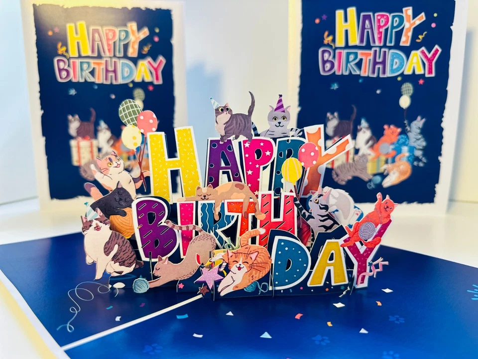 Tarjetas Pop Origami Feliz Cumpleaños Gato Fiesta con Regalos 3D Pop Up Tarjeta de Felicitación Foto 3 de 4