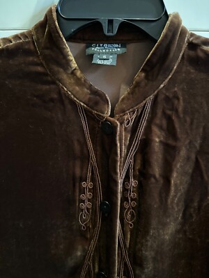 santa monica tobacco Citron Santa Monica Tobacco Brown Velvet Shirt Blouse Tunic Mandarin Collar  SM
