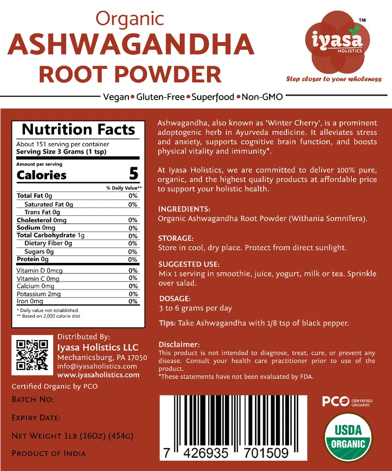 Polvo de raíz de ashwagandha orgánico | Withania Somnifera | Paquete a granel de 2 lb | Premium Foto 2 de 3